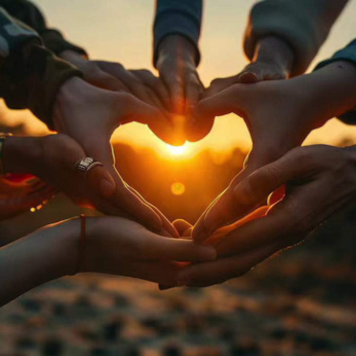 Hands forming a heart shape with a sunset in the background.