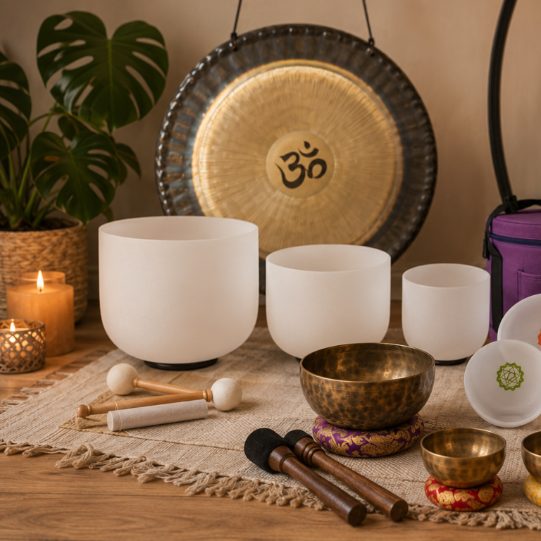 Set of singing bowls, a gong, candles, and wooden mallets arranged on a textured surface.
