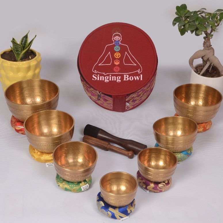 Set of brass singing bowls arranged with a box and two mallets, alongside small plants.
