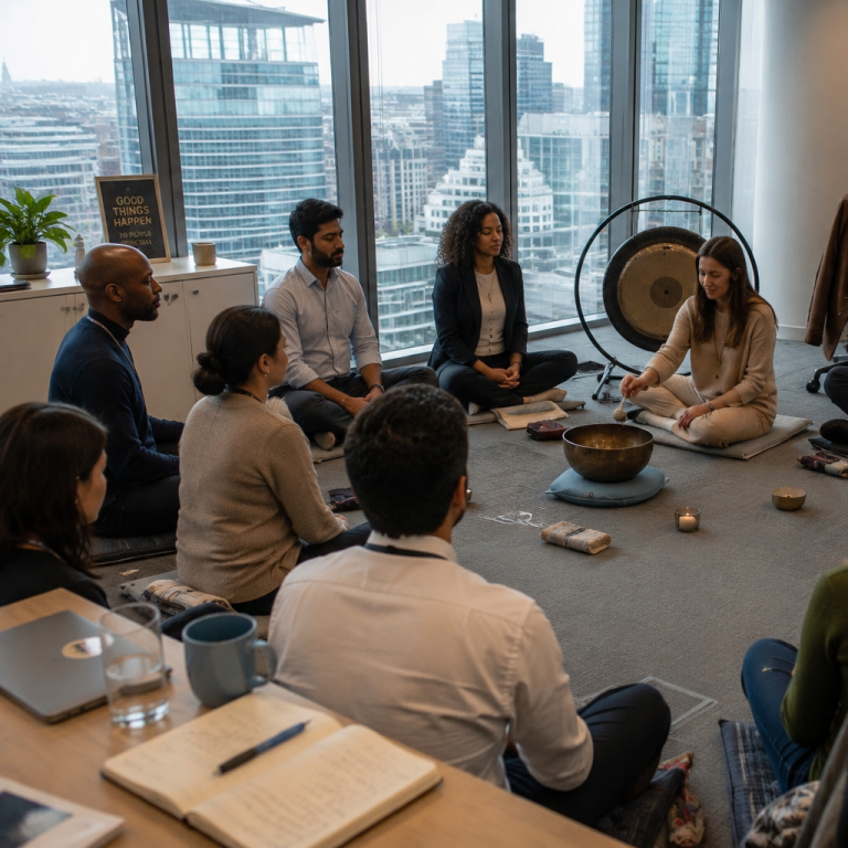 A diverse group meditates together in a modern office setting.