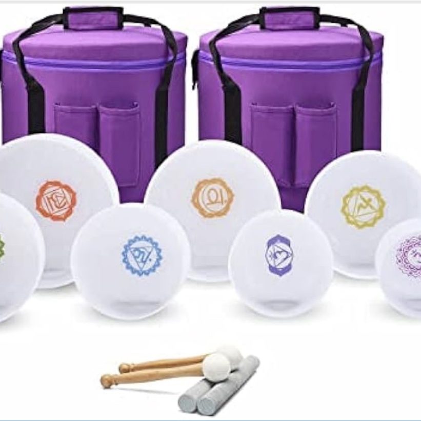 Set of colourful disc golf discs with two purple bags and disc markers.