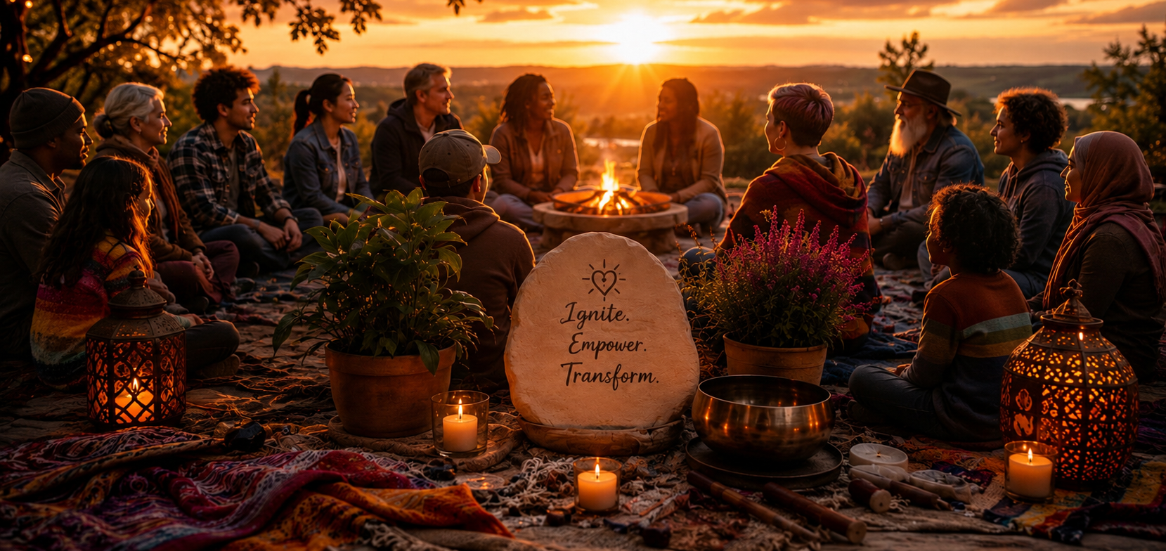 Fiery Hearts artwork group of people forming a heart shape with stones at sunset.