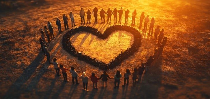 Fiery Hearts artwork group of people forming a heart shape with stones at sunset.